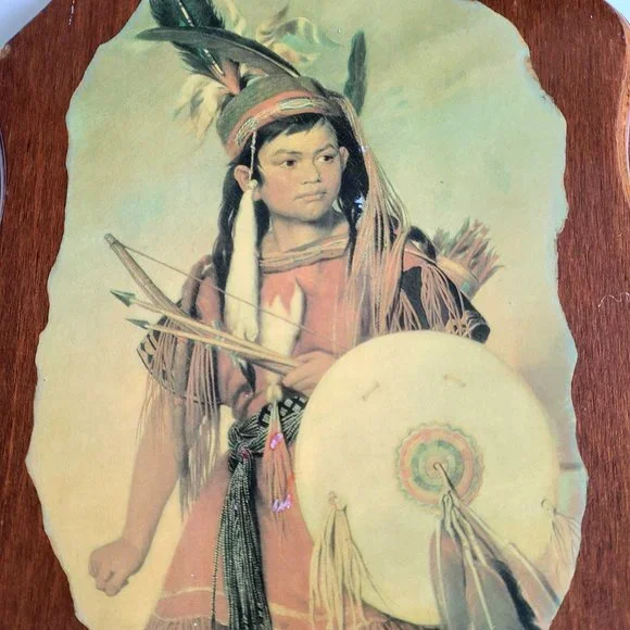 Vintage 1970's 1980's lacquered wooden plaque, with Indian Boy by George Katlin. - Picture 2 of 4